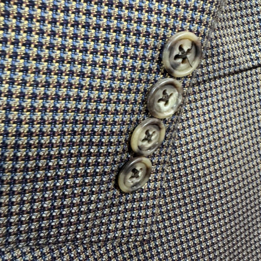 Joseph Abboud Silk Wool Blazer Jacket Mens 44R Tan Blue Houndstooth Sport Coat